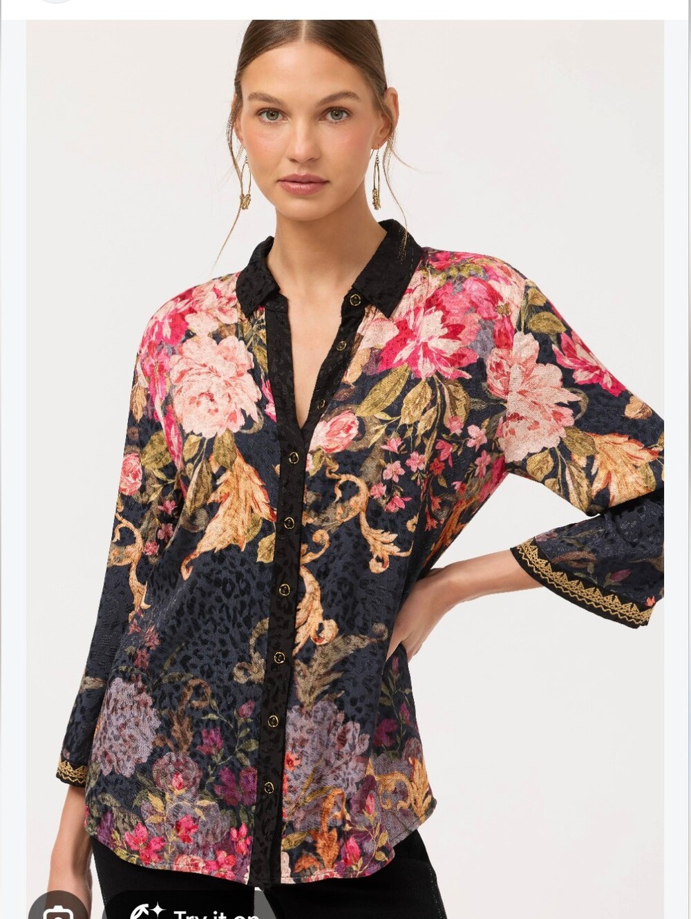 Johnny Was Black Floral Button-Down Shirt with kimono sleeves Size M